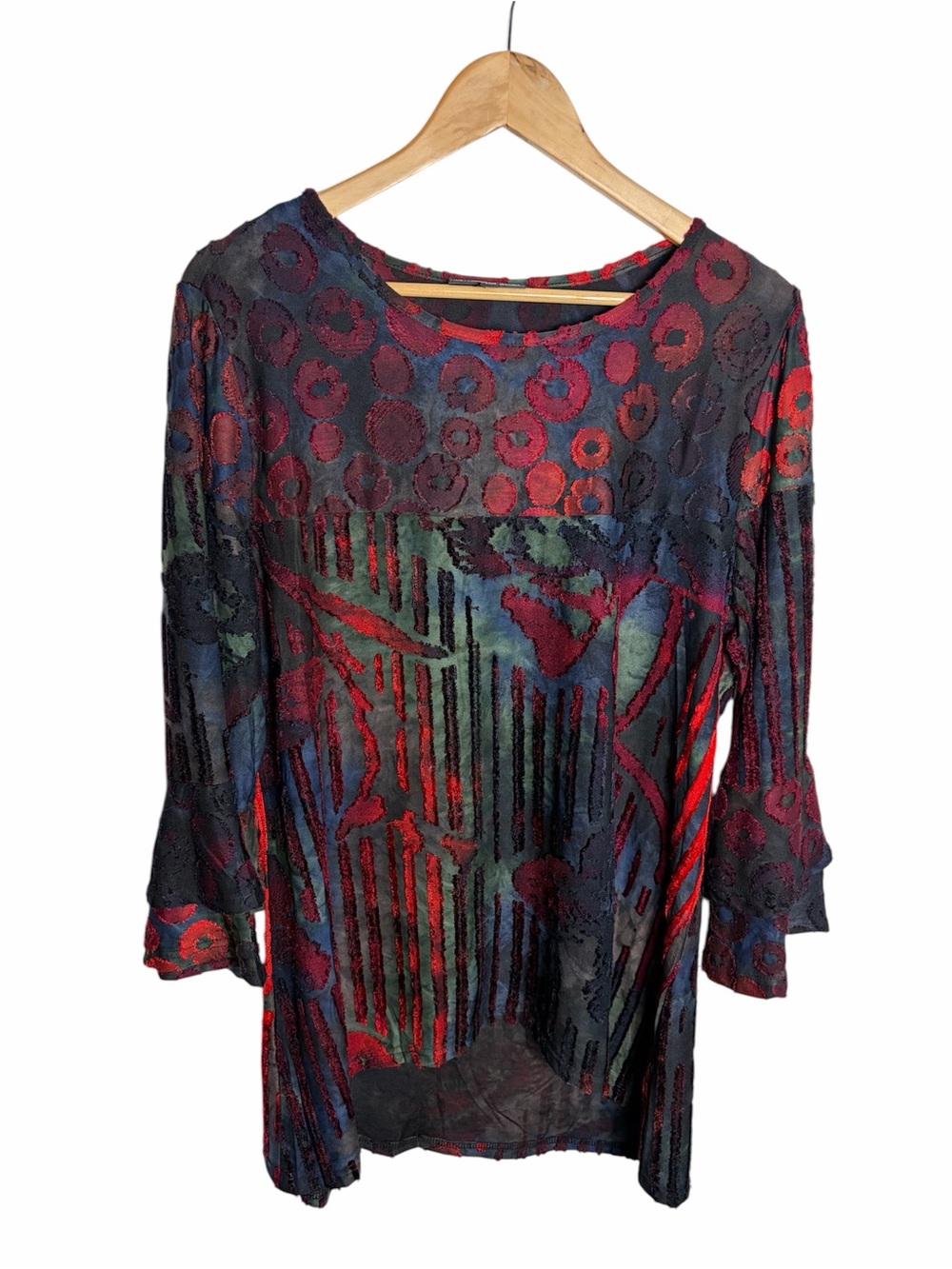The pyramid Collection Y2K tie dye textured burnout hi/low tunic blouse size XL
